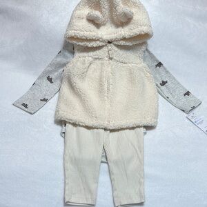 NWT Girls Carters 3 piece Cozy Bear Cream Hooded Baby Outfit Size 12m